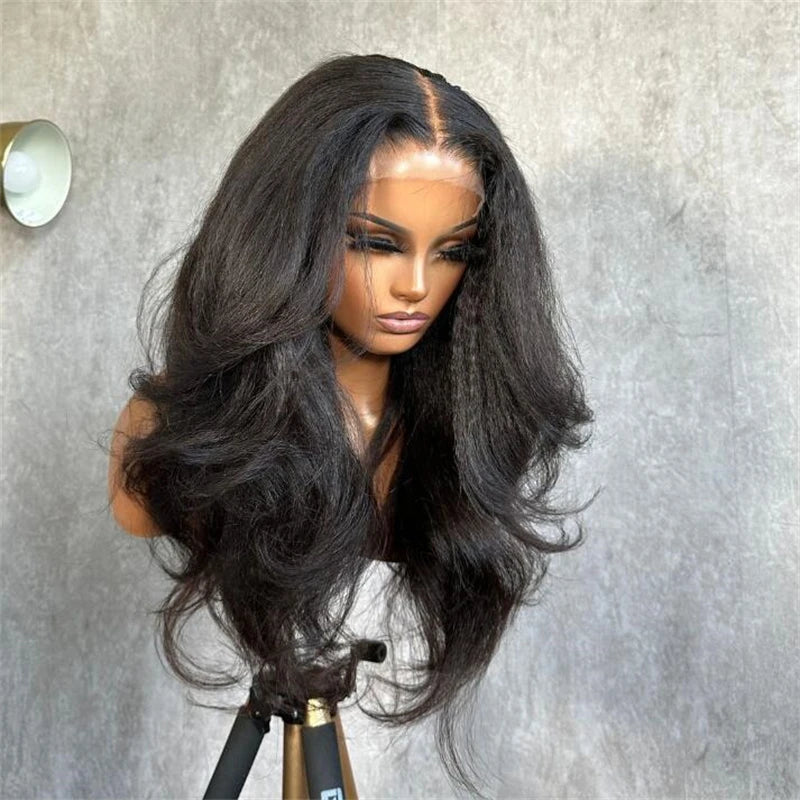 Black 180Density Soft Kinky Yaki Wave 26Inch Long Curly Lace Front Wig For Black Women Baby Hair Preplucked Daily Glueless