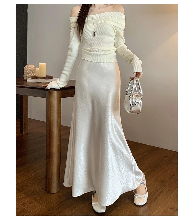 High Waist Elegant Satin Women's Mermaid Long Skirts 2026 New Autumn Solid Slim Korean A-line Wrap Fishtail Skirts Female