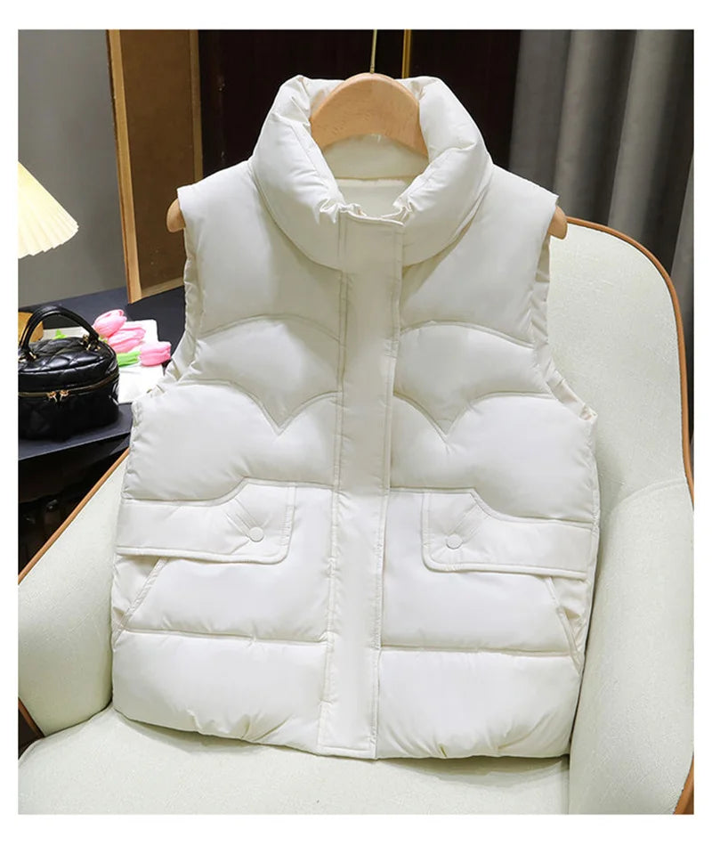 Down Cotton Vest Women 2025 New Autumn Winter Fashion Stand Collar All-Match Warm Sleeveless Waistcoat Jacket Ladies Female Tops