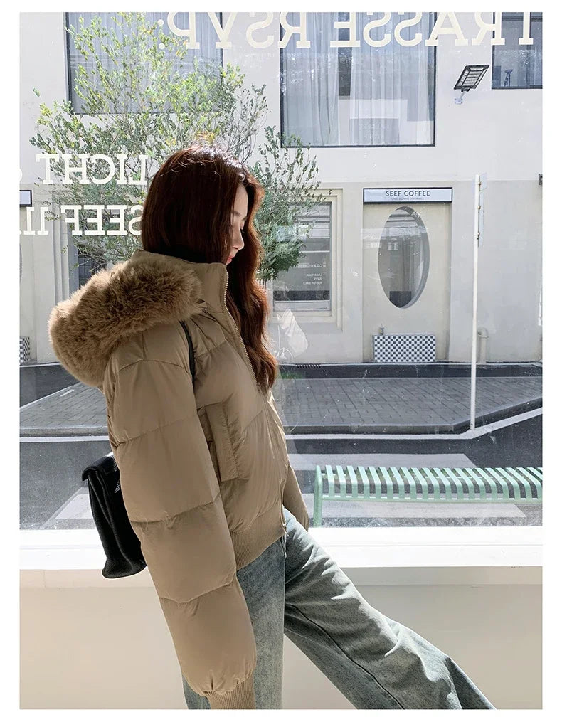Casual Warm Fur Hooded Cropped Parkas Chic Streetwear Korean Style Down Cotton Coat Thicken Short Women's Winter 2025 Jacket