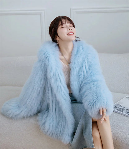 Fox Fur Coat Women's Winter Fashion Warm 100% Fox Fur Coat Hooded Long Sleeved Sweet Women's Luxury Designer Coat