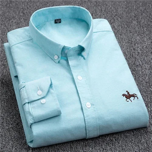 Casual Pure Cotton Oxford Mens Shirts Long Sleeve Embroidery Horse Design Regular Fit Fashion Button Man White Dress Shirt
