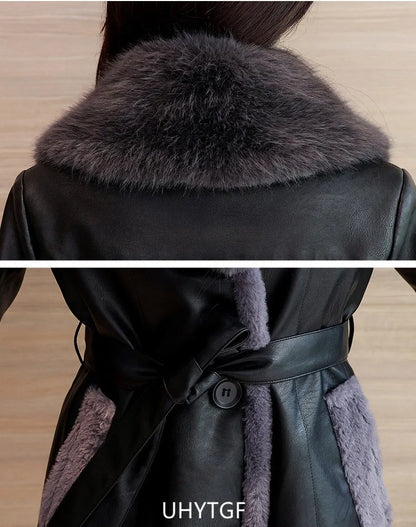 Winter Leather Jacket Women's Fashion Fur Collar Black Casual Warm Coat Female Quality PU Leather Overcoat Ladies