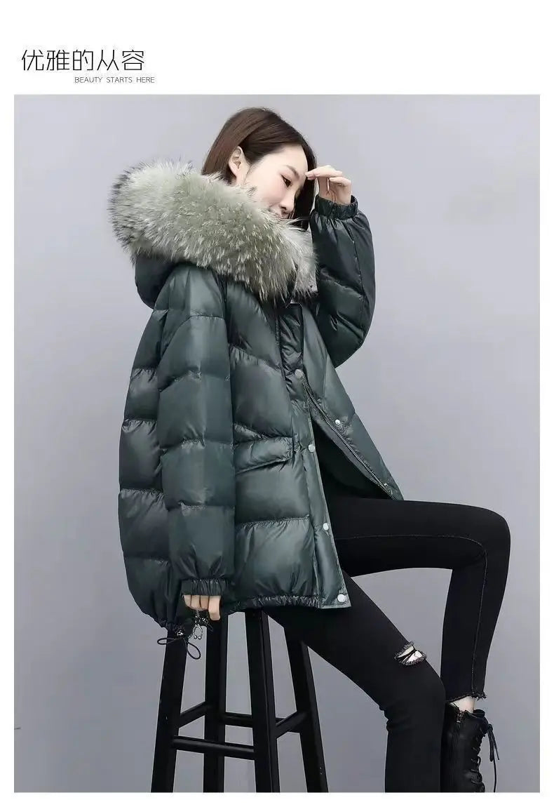 2025 Winter New Warm Down Cotton Jacket With Large Fur collar Hooded Coat Loose Women Thicken Parker Puffer Overcoat Casual wear