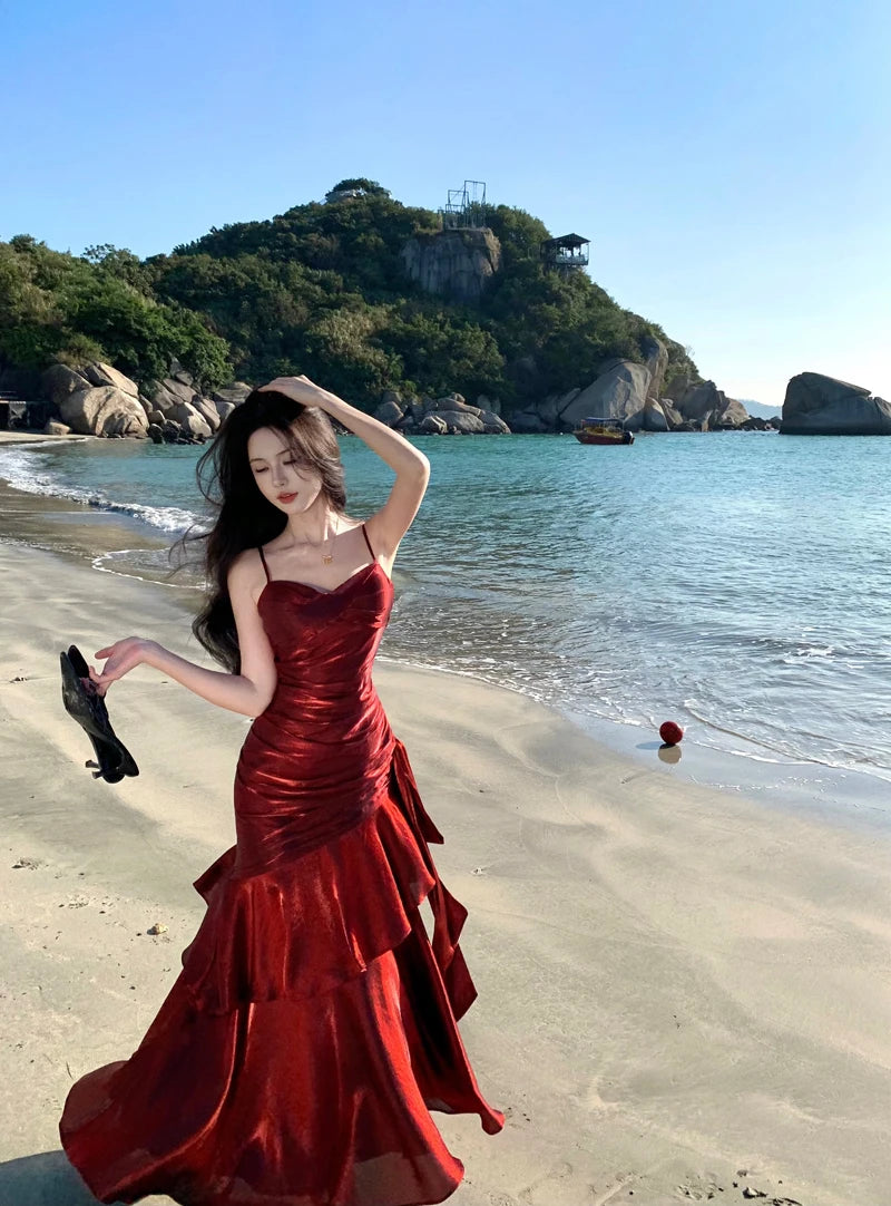 Sexy Solid Spaghetti Strap Sleeveless Evening Dresses Elegant Ruffles Party Long Dress For Women Summer Slim Beach New Vestidos