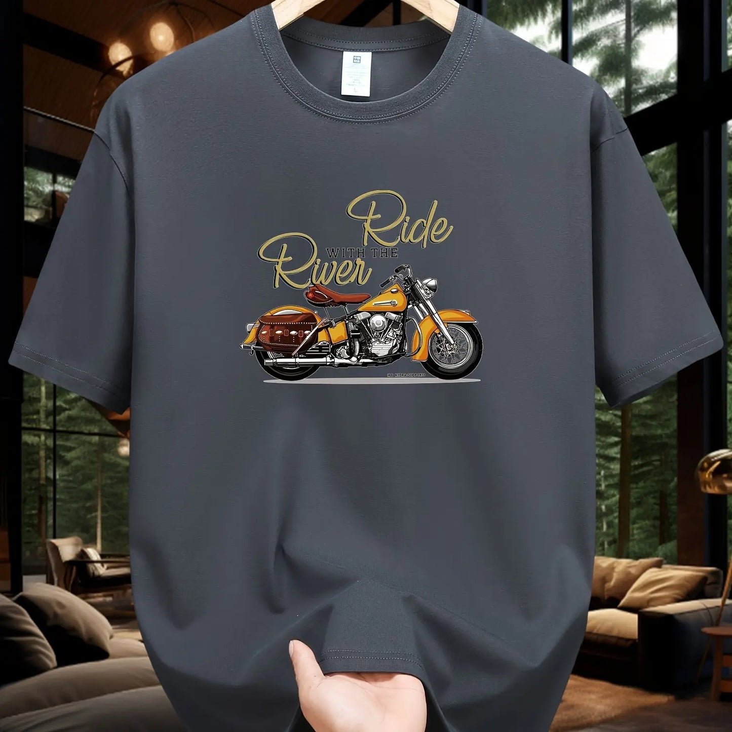 Men's Summer 100 Cotton Fashionable Casual Loose Large Size Classic Motorcycle Pattern Printed Round Neck Short Sleeve T-shirt