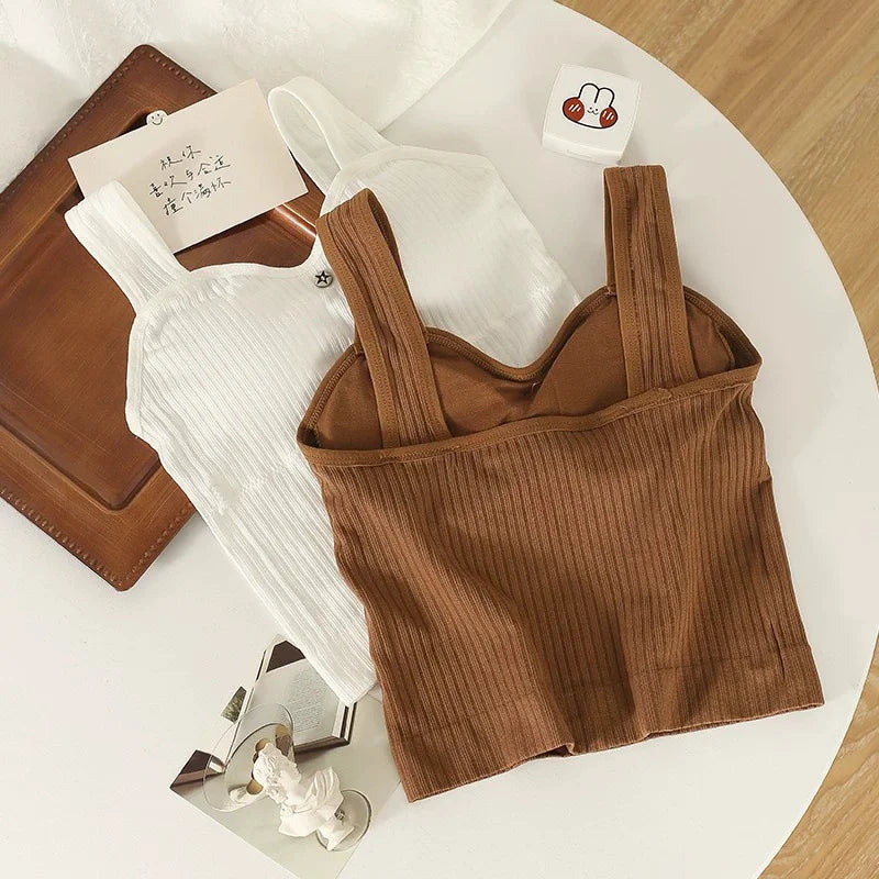 Women's Y2K Cropped Tops with Bra Pads Summer Corset Korean Suspenders Vest Sexy Camisole Slim New