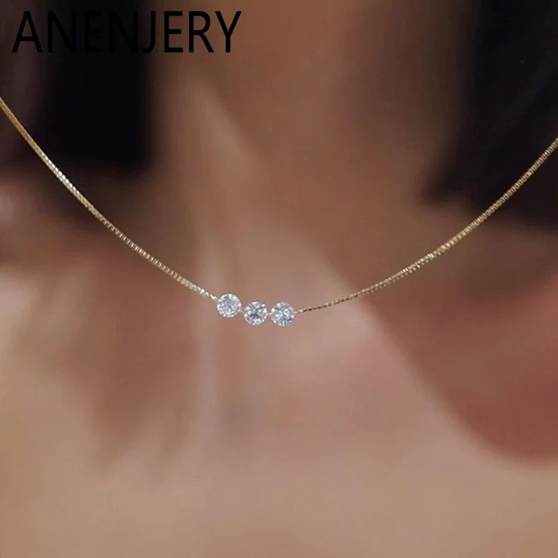 ANENJERY Three Zircon Thin Necklace for Women Simple Clavicle chain Delicate Elegant Jewelry Gifts Wedding Wholesale