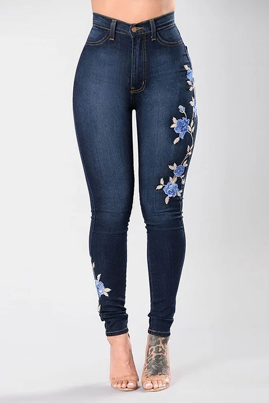 New Women's High Waist Embroidered Jeans Fashion Slim Stretch Denim Pencil Pants Street Trendy Trousers S-3XL Drop Shipping