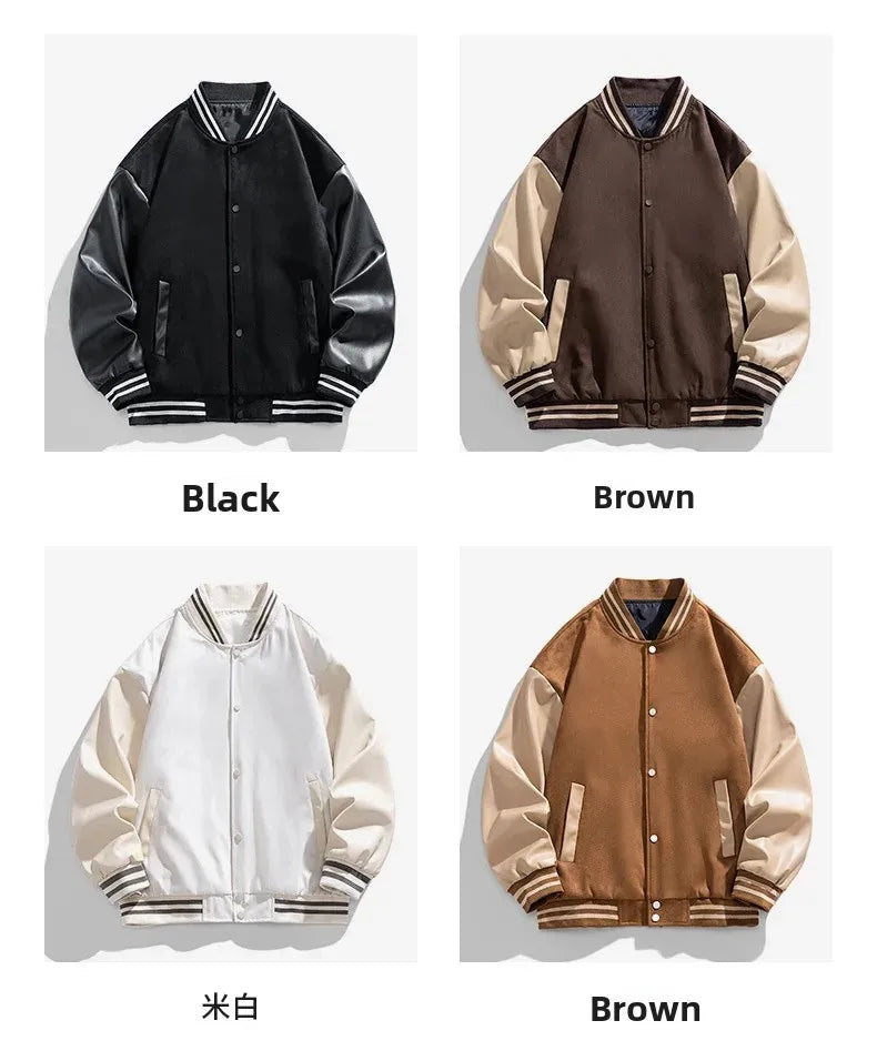 American Retro Suede Baseball Jacket Men's Spring Autumn Casual Leather Sleeve Outerwear JK819 Public Version Couple's Style