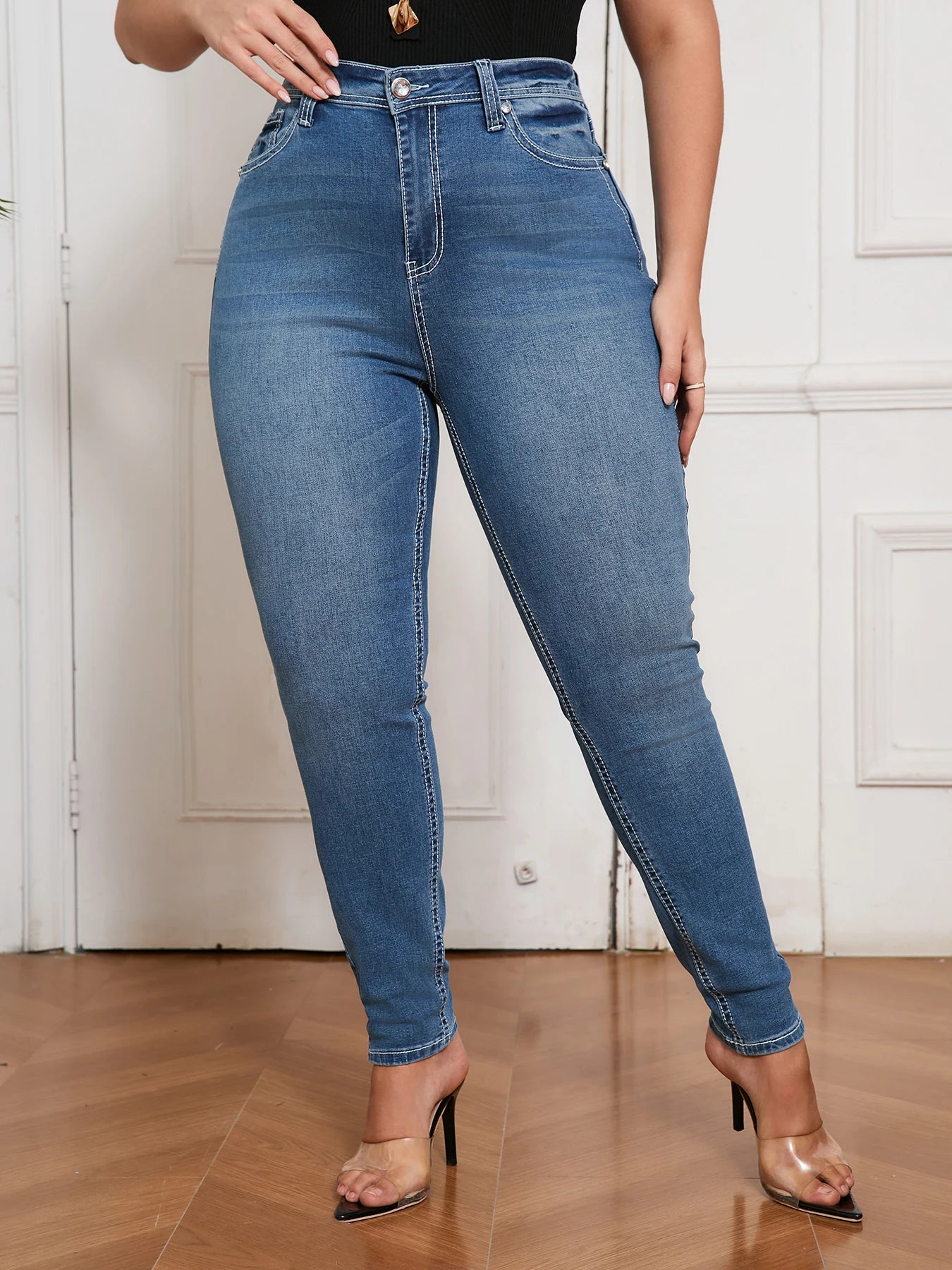 Y2K Plus Size Skinny Jeans for Women High Waist Slim Fit Stretch Denim Pants Curvy Trendy Retro Style Jeans Street Fashion