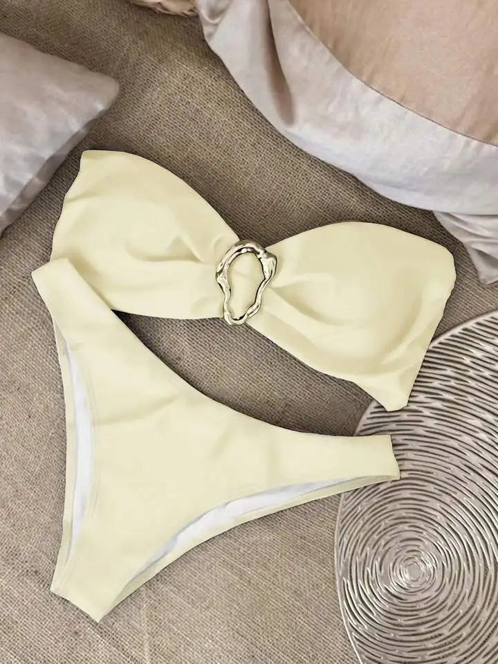 Women Strapless Bikinis Sets Summer Push Up Swimwear Two Pieces Suits Female Sexy Swimsuits Solid Color Lady Backless Beachwear
