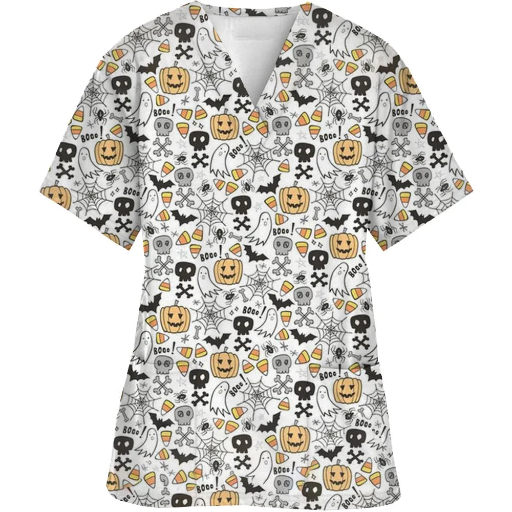 Women Short-Sleeved V-Neck Nurse Top Halloween Women's Fashion Casual Printing Top Protective Work Suit Medical Working Uniform