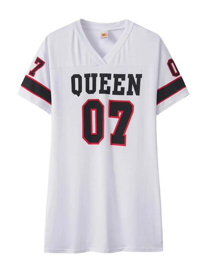 Fashion V-Neck Queen Letters Print Dress Short Sleeve Basketball Sporty Style Sexy Loose Female Clothing Streetwear Loungewear