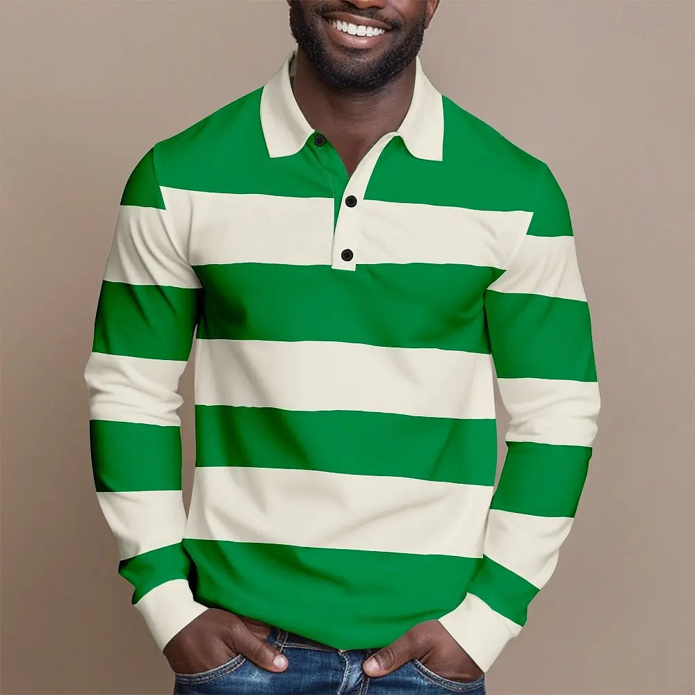 2025 Fashion Men's Stripes Long Sleeve Polo Shirt Breathable Business Casual Top Slim Fit Quick Dry Classic Collar Multi Colors