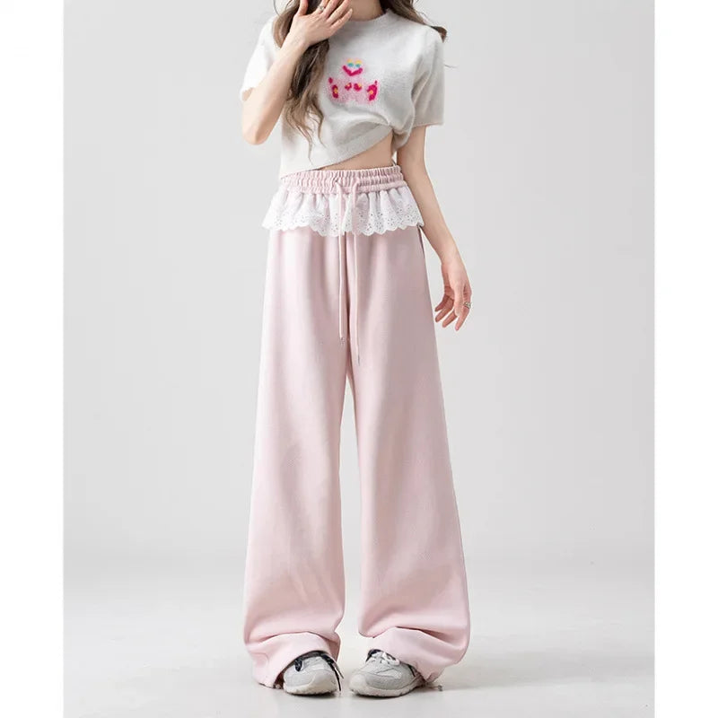 Pink Lace Splicing Design Wide Leg Pants Women's Loose Casual Sweatpants Spring New Style Slimming Effect Comfortable Fit