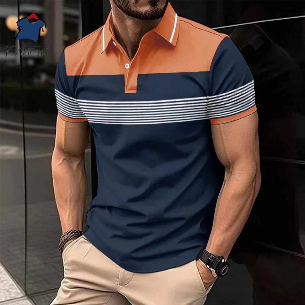 New Summer Striped Patchwork Striped Men's Polo T-shirt Fashion Lapel Button Sports Trend Street Wear Short Sleeve Top Men Shirt