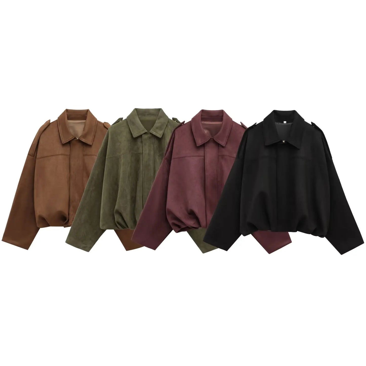 Women Brown Green Suede Jacket Loose Casual Bomber Coat Lapel Zipper Long Sleeve Jackets Vintage Lady Motorcycle Outwears