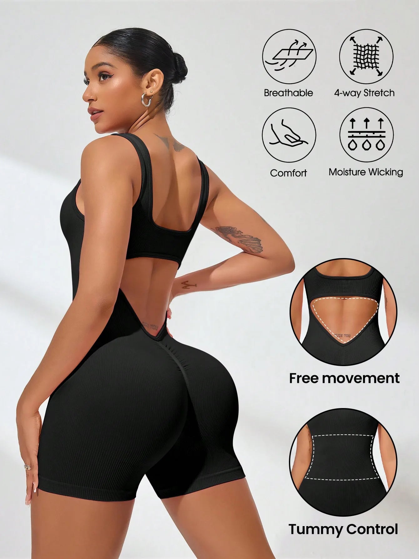 Sexy Backless Women Yoga Rompers U Neck Sleeveless Threaded Jumpsuit Solid Color Elastic Bodysuit Without Bust Pads Streetwear