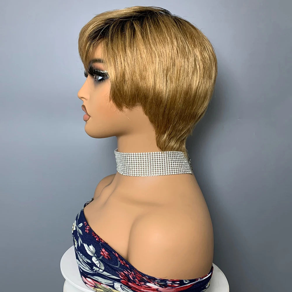 Short Pixie Cut Human Hair Wigs Brazilian Human Hair Wigs Full Machine Made Short Straight Wigs For Women T2/27B# None Lace Wigs