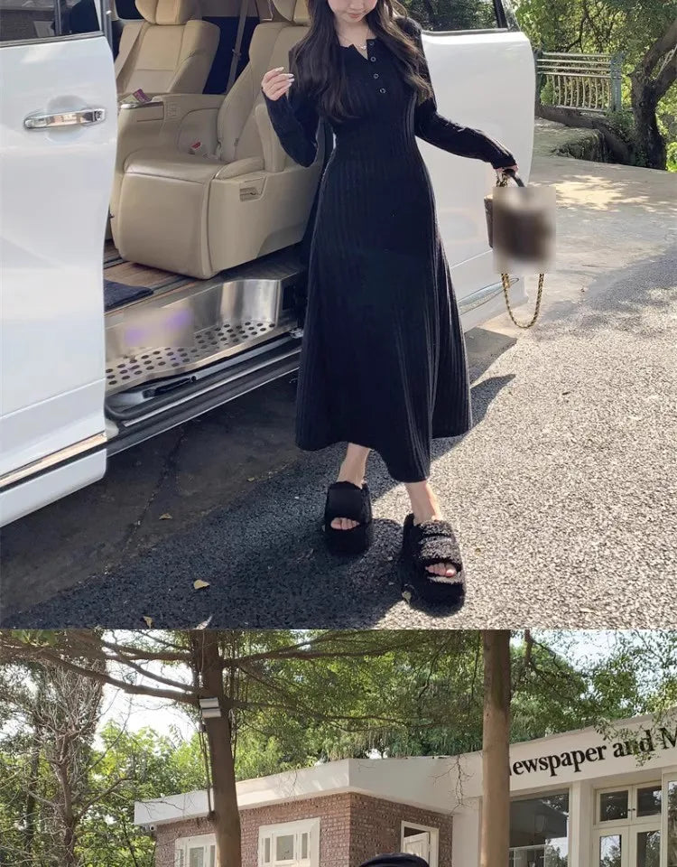 French Style Long Sleeve Knitted Dress Vintage Waist Cinching A- Line Skirt Women Autumn Winter New Arrival Slimming Inner Wear