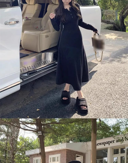 French Style Long Sleeve Knitted Dress Vintage Waist Cinching A- Line Skirt Women Autumn Winter New Arrival Slimming Inner Wear