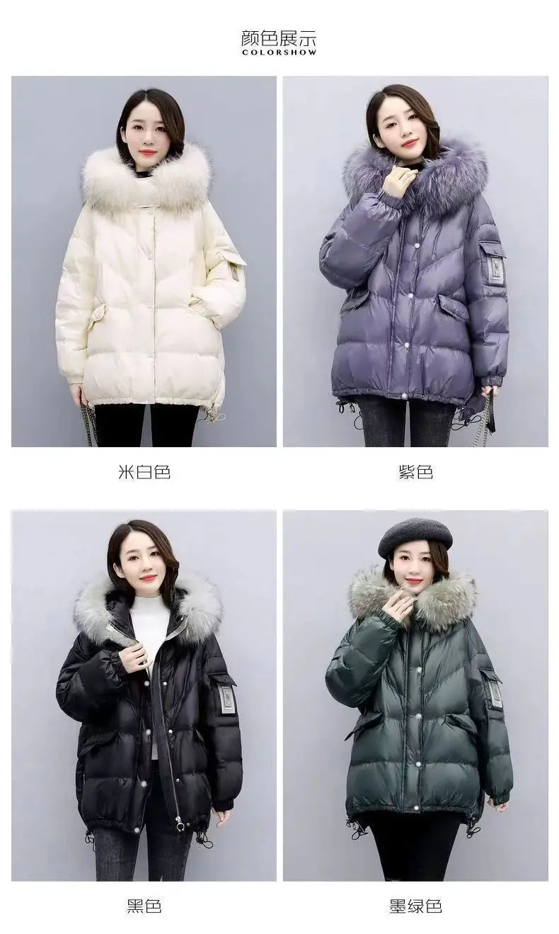 2025 Winter New Warm Down Cotton Jacket With Large Fur collar Hooded Coat Loose Women Thicken Parker Puffer Overcoat Casual wear