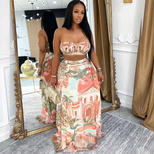 Doyerl Pattern Printing Party Dress Sets Women Two Piece Set Vacation Club Wear Crop Top and Long Skirt Matching Sets Outfits