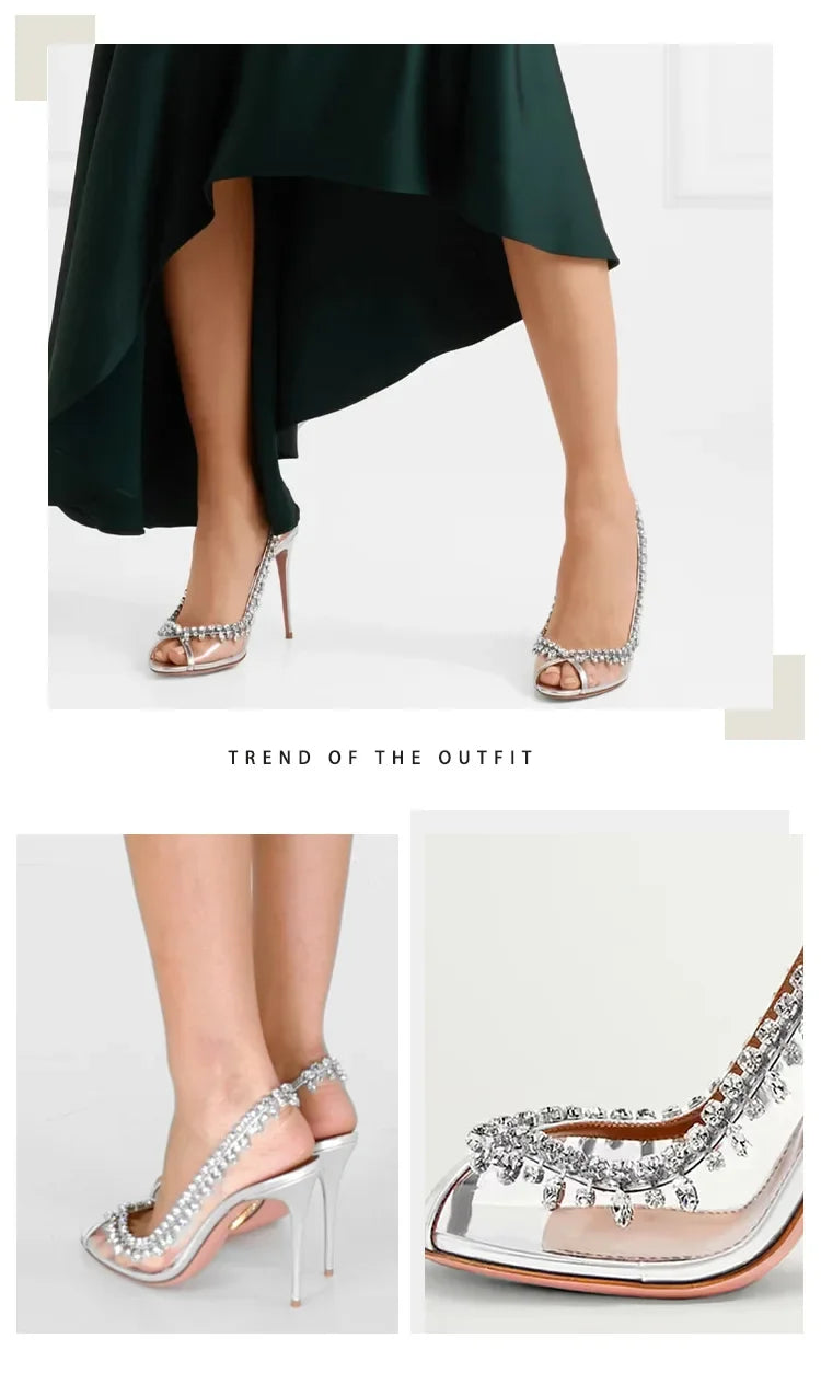 Silver Pink PVC Clear Heeled Sandals Women Pumps Sexy Rhinestones Thin High Heels Shoes Pointed Toes Party Nightclub Sandals