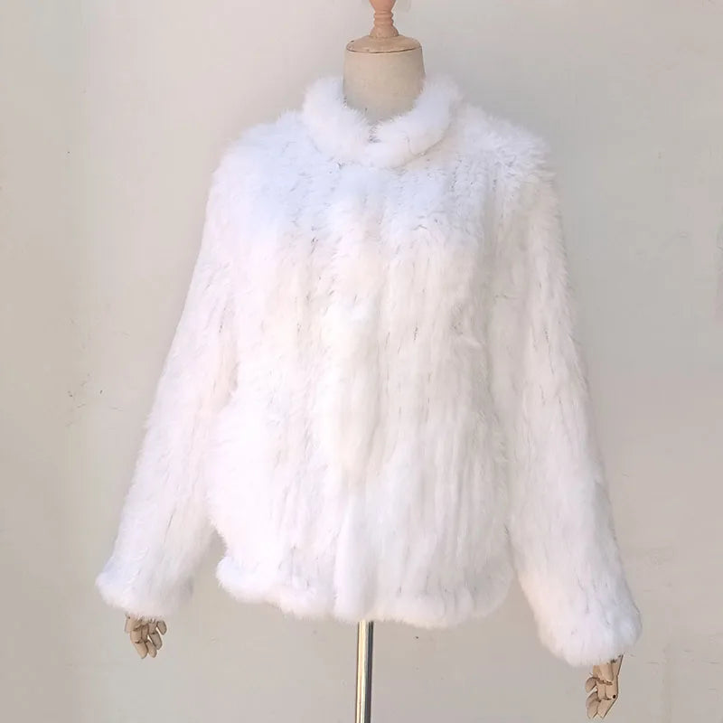 Women Winter Real Rabbit Fur Knitted Coat Female Casual Long Sleeve Genuine Fur Jacket Warm Thick Outwear Femme