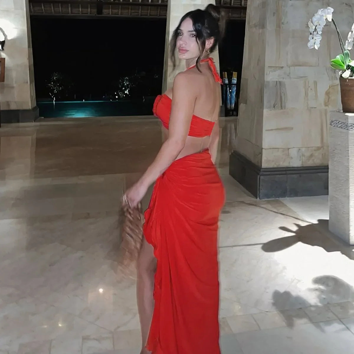 Women's Elegant Two Pieces Dresses Suits Flower Corset Top and High Slit Long Skirts Matching Sets Red Pink Vacation Outfit 2025 & 2026