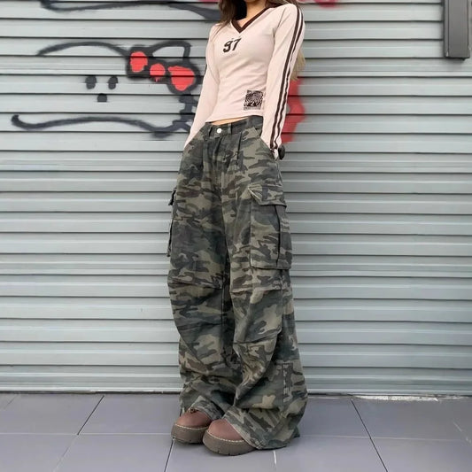 Vintage Women's Jeans Loose-Fit Slimming Casual Wide-Leg Trousers American Style Streetwear Denim Cargo Pants