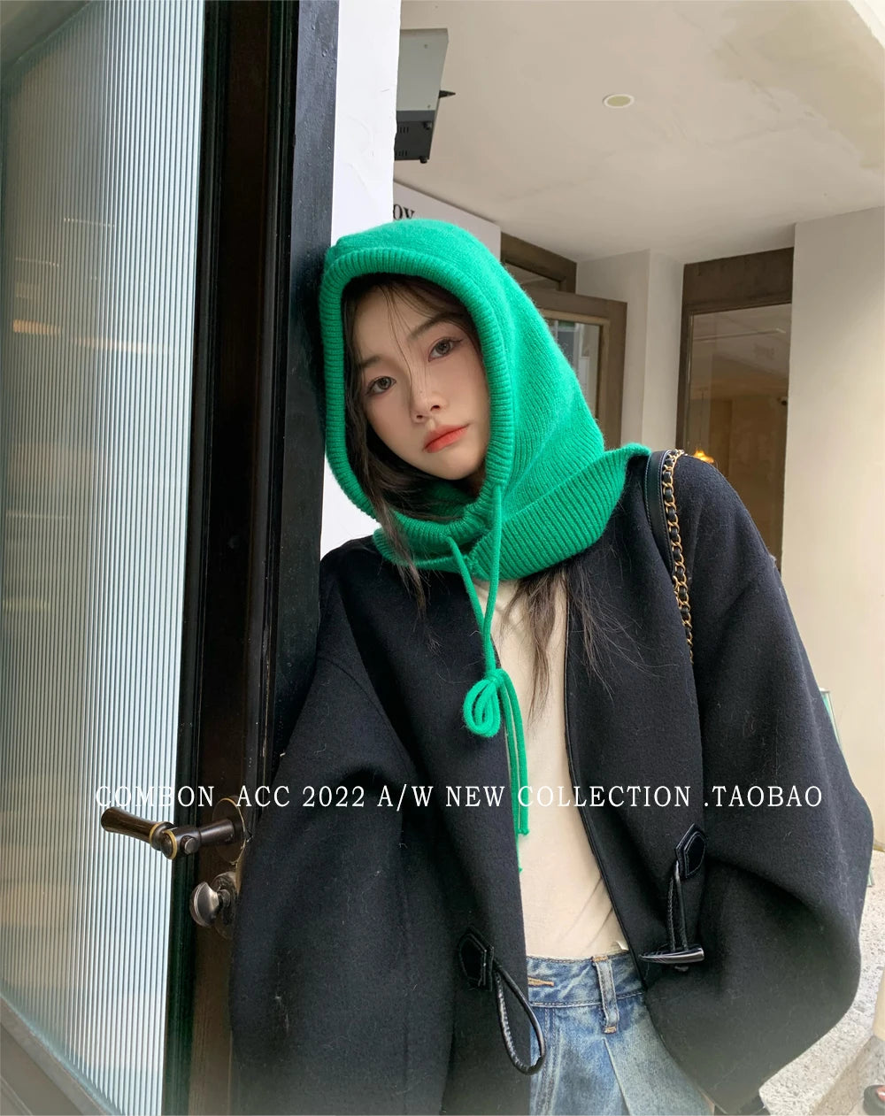 Knitted Hooded Caps Winter Balaclava Hats Women Korean Style Outdoor Warmer Drawstring Hats One-piece Neck Collar Beanies Cap