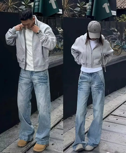 American Vibe style retro washed summer new jeans for men and women Instagram fashion brand high street loose straight leg pants