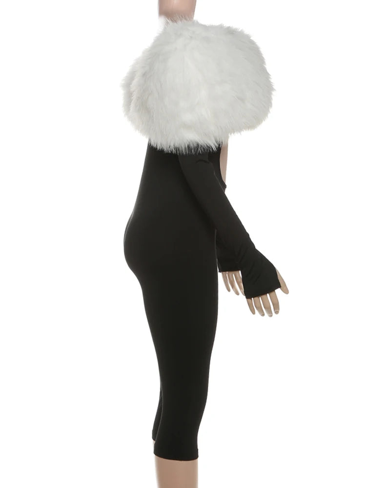 Nibber Furry Patchwork Jumpsuit Woman Slash Neck Sexy Hollow Full Sleeve Backless Slim Peach Hip Hottie Street Fashion Overalls