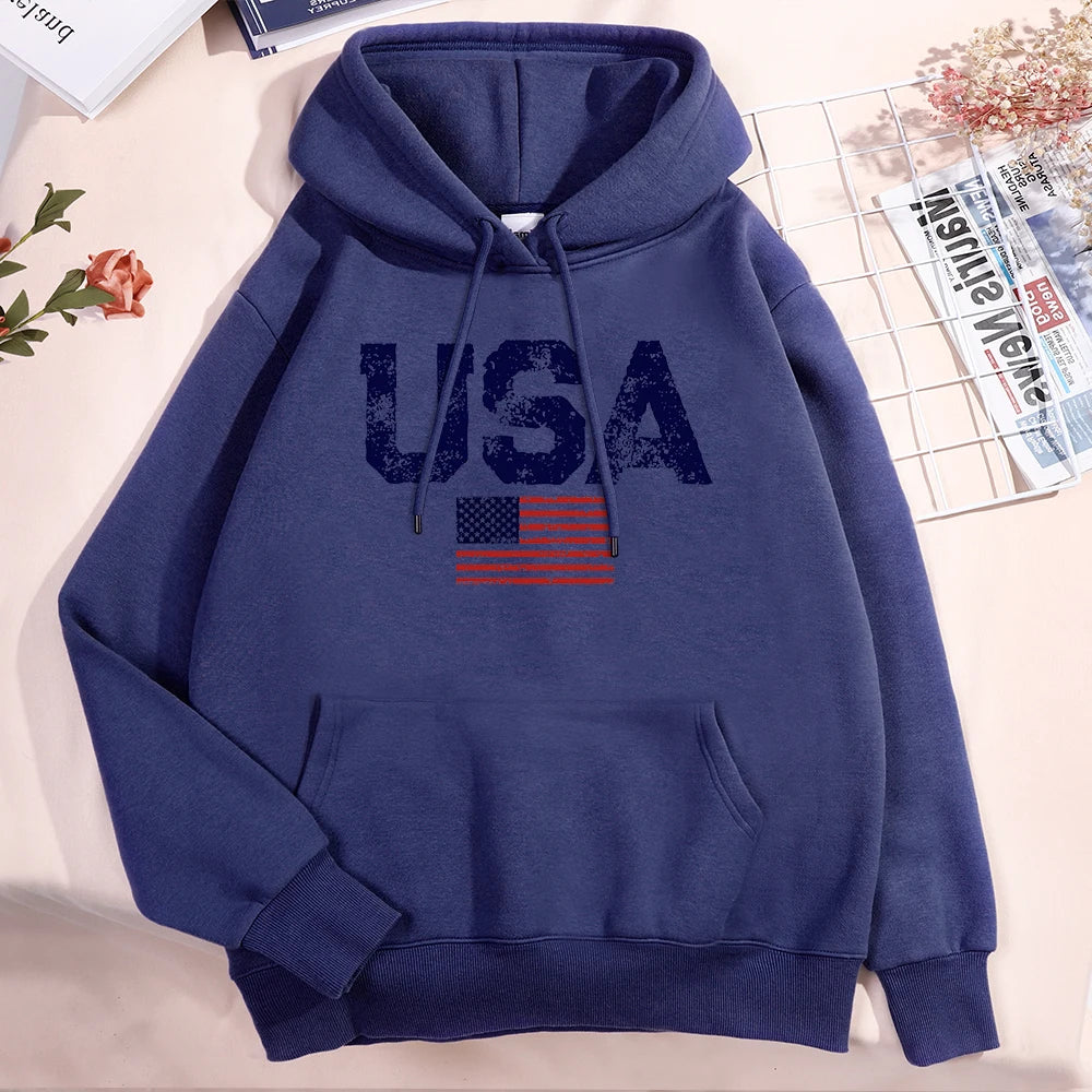 Usa Letters American Flag Stars And Stripes Hoodie Men Women Fleece Hoody Fleece Oversize Sweatshirt Autumn Pocket Clothes