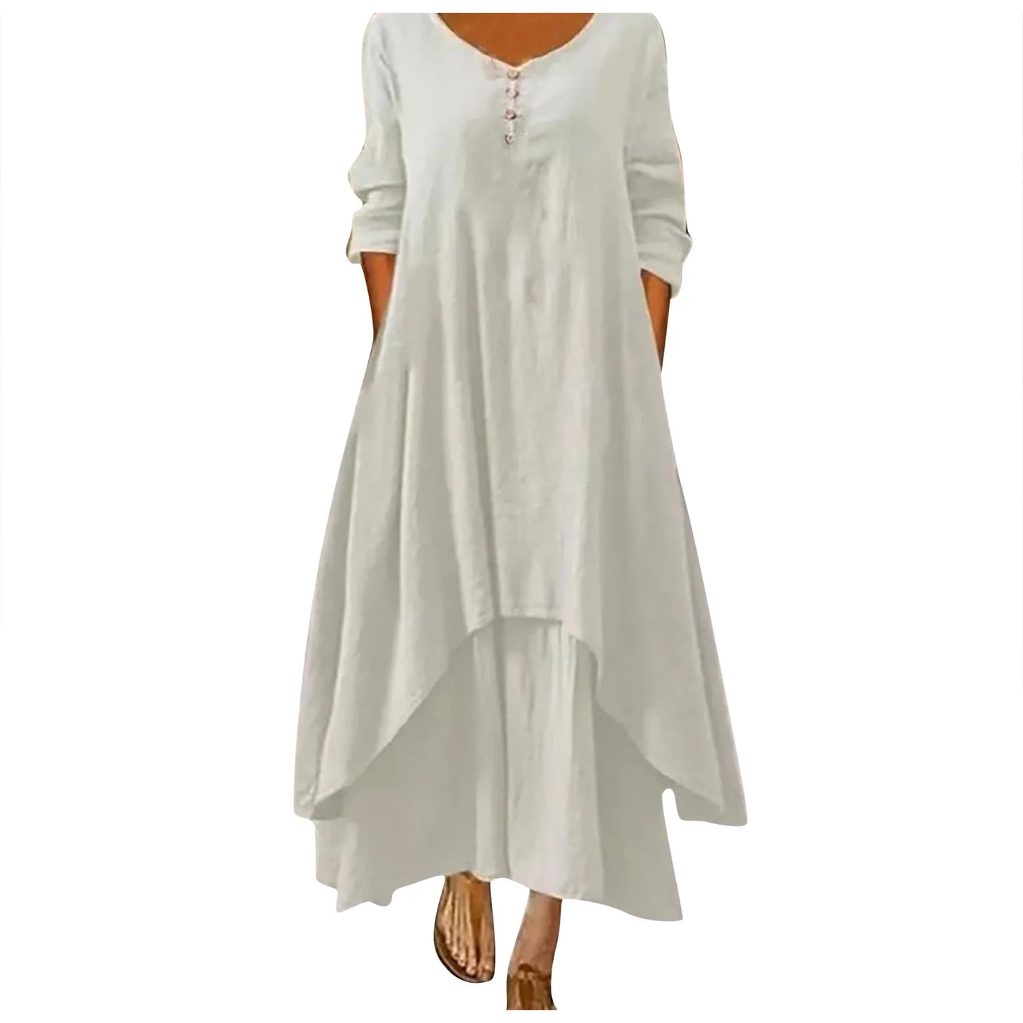 Women Elegant Linen Ginger Dresses Bohemia Layering Vintage Robe Long Sleeve Loose Long Dress Female Autumn Vestidos
