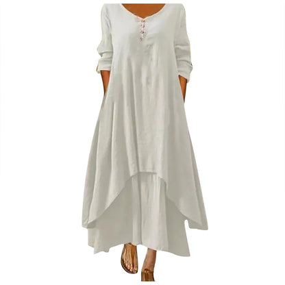 Women Elegant Linen Ginger Dresses Bohemia Layering Vintage Robe Long Sleeve Loose Long Dress Female Autumn Vestidos