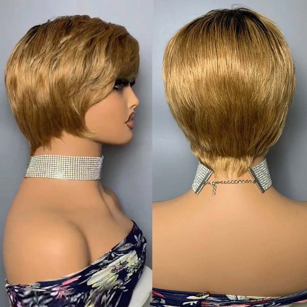 Short Pixie Cut Human Hair Wigs Brazilian Human Hair Wigs Full Machine Made Short Straight Wigs For Women T2/27B# None Lace Wigs