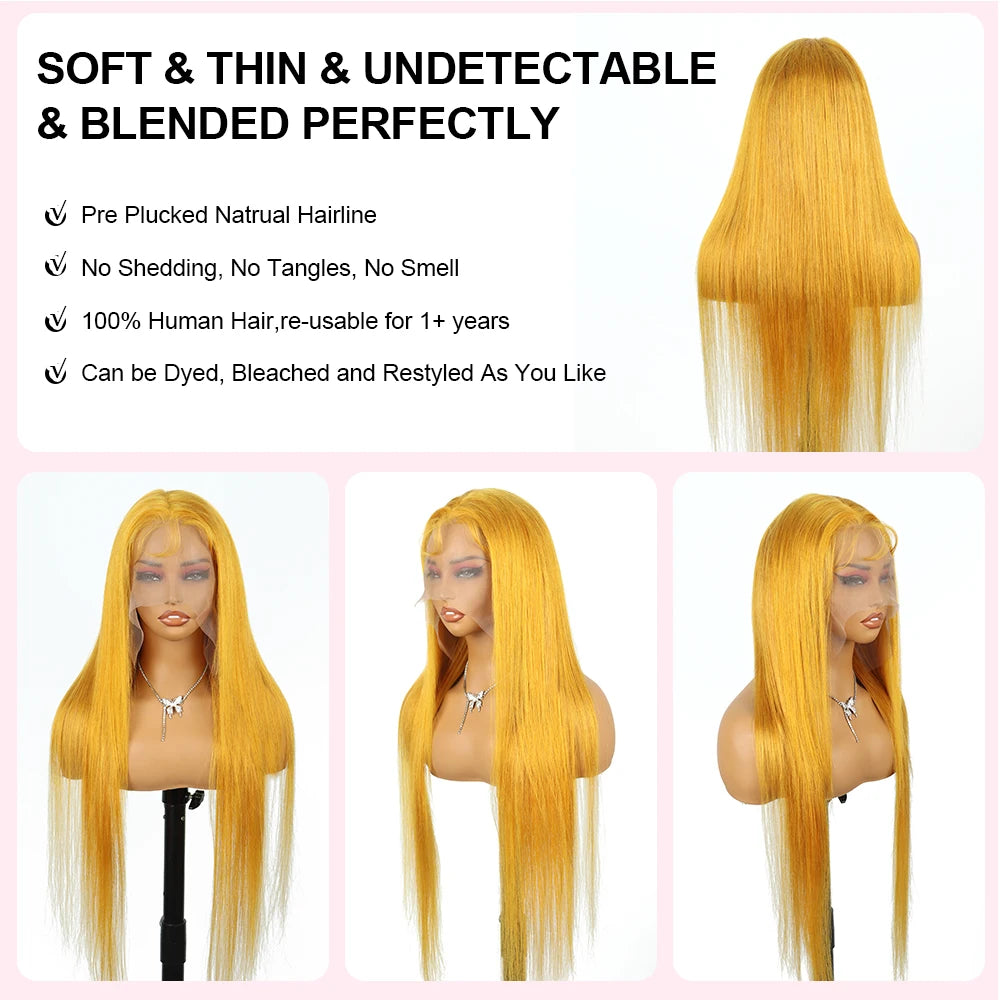 13x6 Straight Yellow HD Lace Frontal Human Hair Wigs 36 Inch 250 Density 13x4 Brazilian Pre Plucked Colored Lace Front Hair Wig