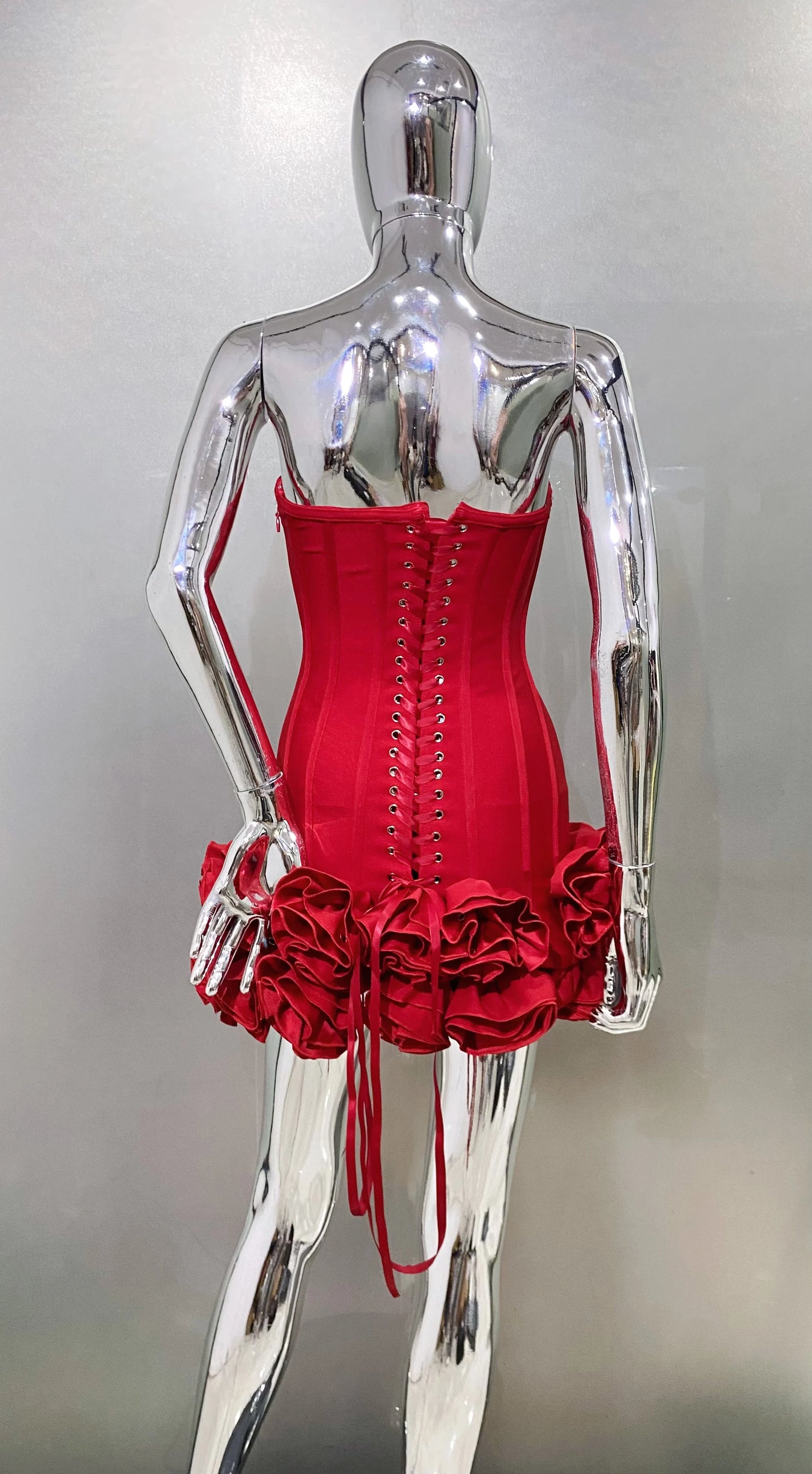 Stereoscopic Flowers Back Laceing Strapless Red Bandage Mini Evening Dress Sweet Woman Birthday Party Dress Performance costume