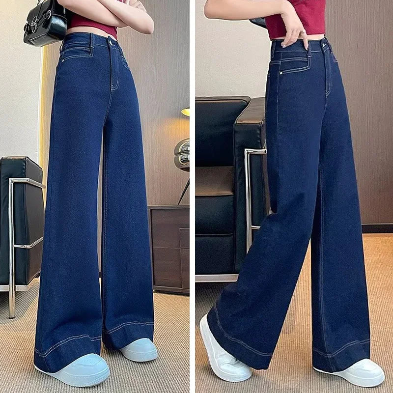 Girls Fashion Korean Straight Casual Jeans Female Baggy High Waist Wide Leg Denim Pants Women Classic Wash Dark-blue Trousers