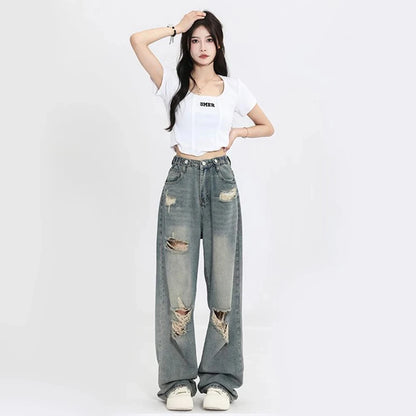 American Retro Hole-punched Jeans Women High Waist Straight-crotch Loose Slim Design High-street Vibe Wide-legged Dragging Pants