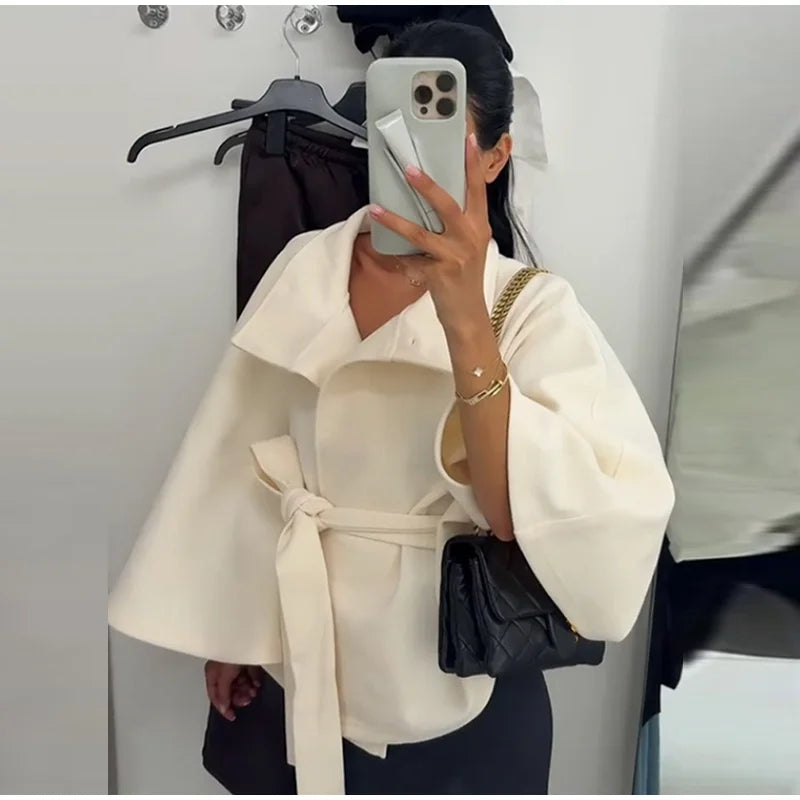 Elegant Fleece Women's Coats Solid Stand Long Sleeve Belted Lace-Up Button Jackets 2025 Autumn Winter Outerwear Female Tops