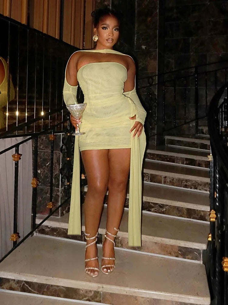 Nibber Summer Vacation Sexy See Through Dress+Shawl Women Ruched Side Ribbon Coquette Skinny Midnight Clubwear Party Bodycon