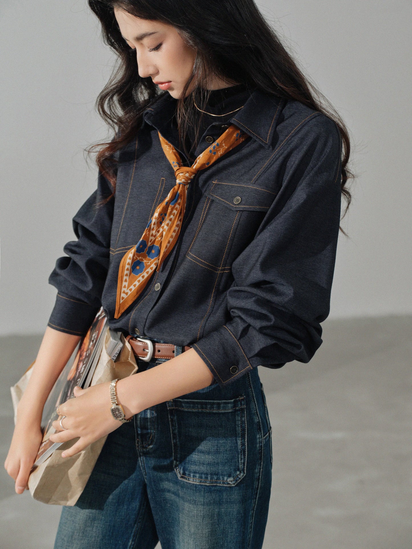 Casual Contrast Stitch Shirt Jacket Loose Long Sleeve Blouse for Women Stylish Collared Overshirt for Autumn Layered Slim Look