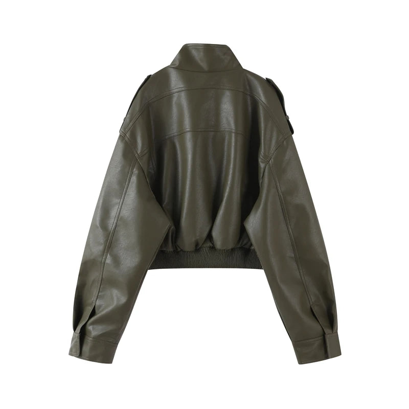 Vintage Zippers Short Leather Jackets Women's Casual Lapel Button Pockets Full Sleeve Coat 2025 Autumn New Lady Chic Streetwear