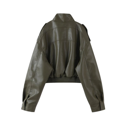 Vintage Zippers Short Leather Jackets Women's Casual Lapel Button Pockets Full Sleeve Coat 2025 Autumn New Lady Chic Streetwear