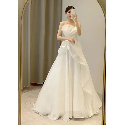European and American Strapless Light Wedding Dress 2025summer New Bride Simple White Gauze Dress Welcome Gauze Fairy Atmosphere