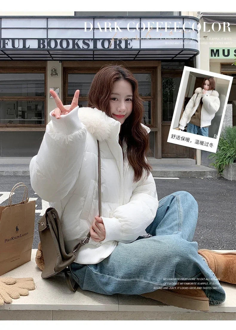 Casual Warm Fur Hooded Cropped Parkas Chic Streetwear Korean Style Down Cotton Coat Thicken Short Women's Winter 2025 Jacket